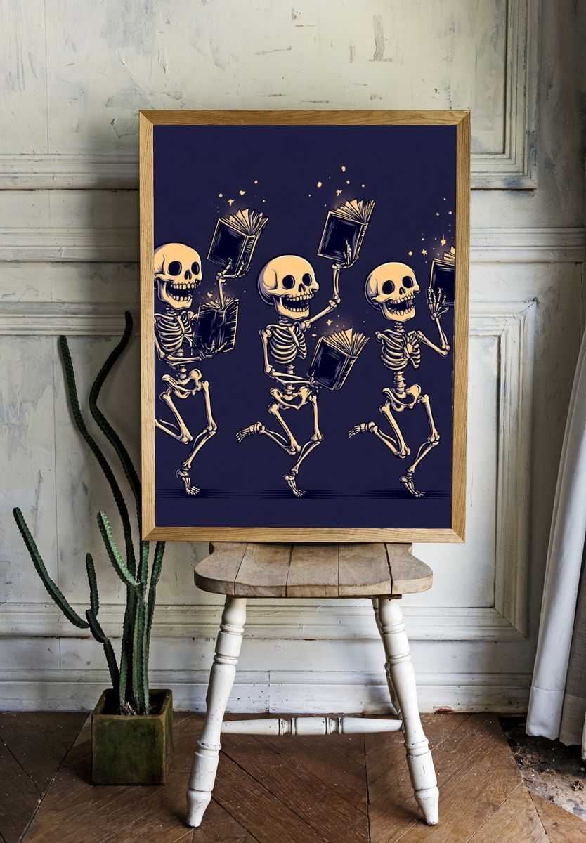 Skeleton Book Dance Illustration Poster. — room view 1