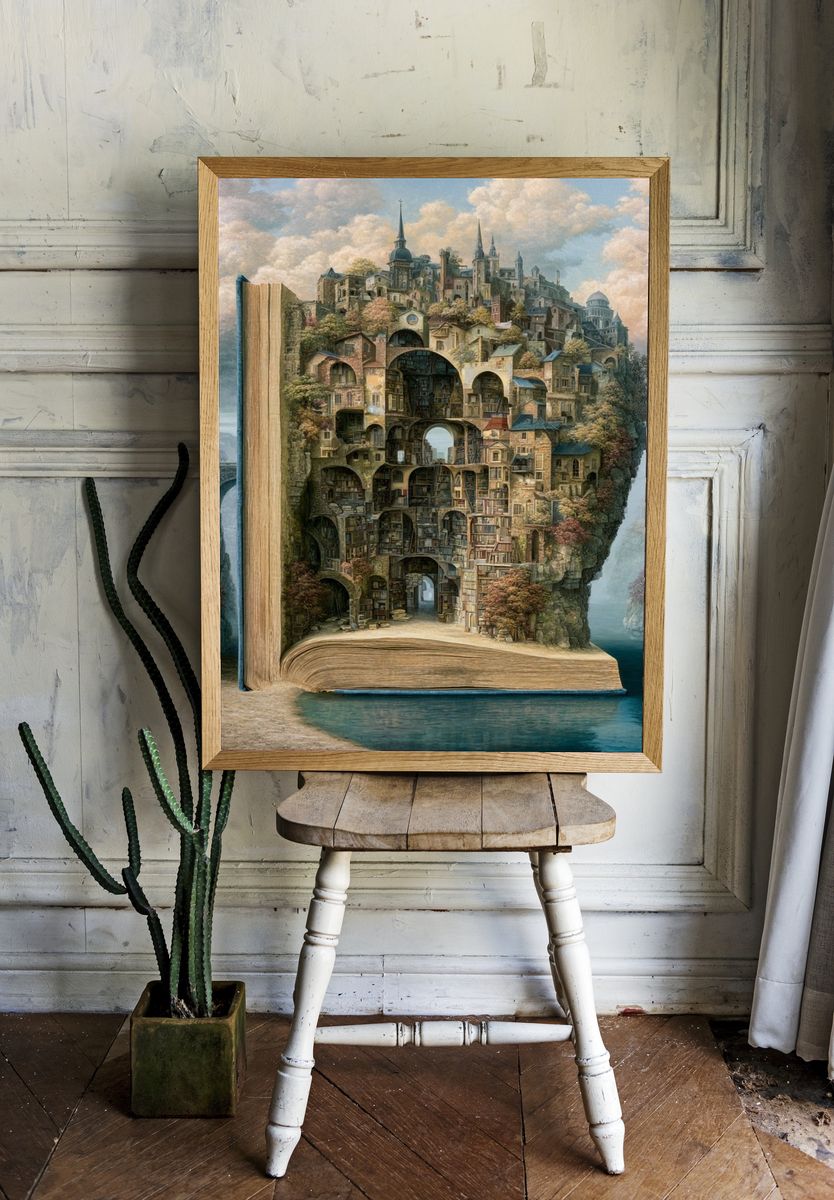 Floating Library Fantasy Print. room preview