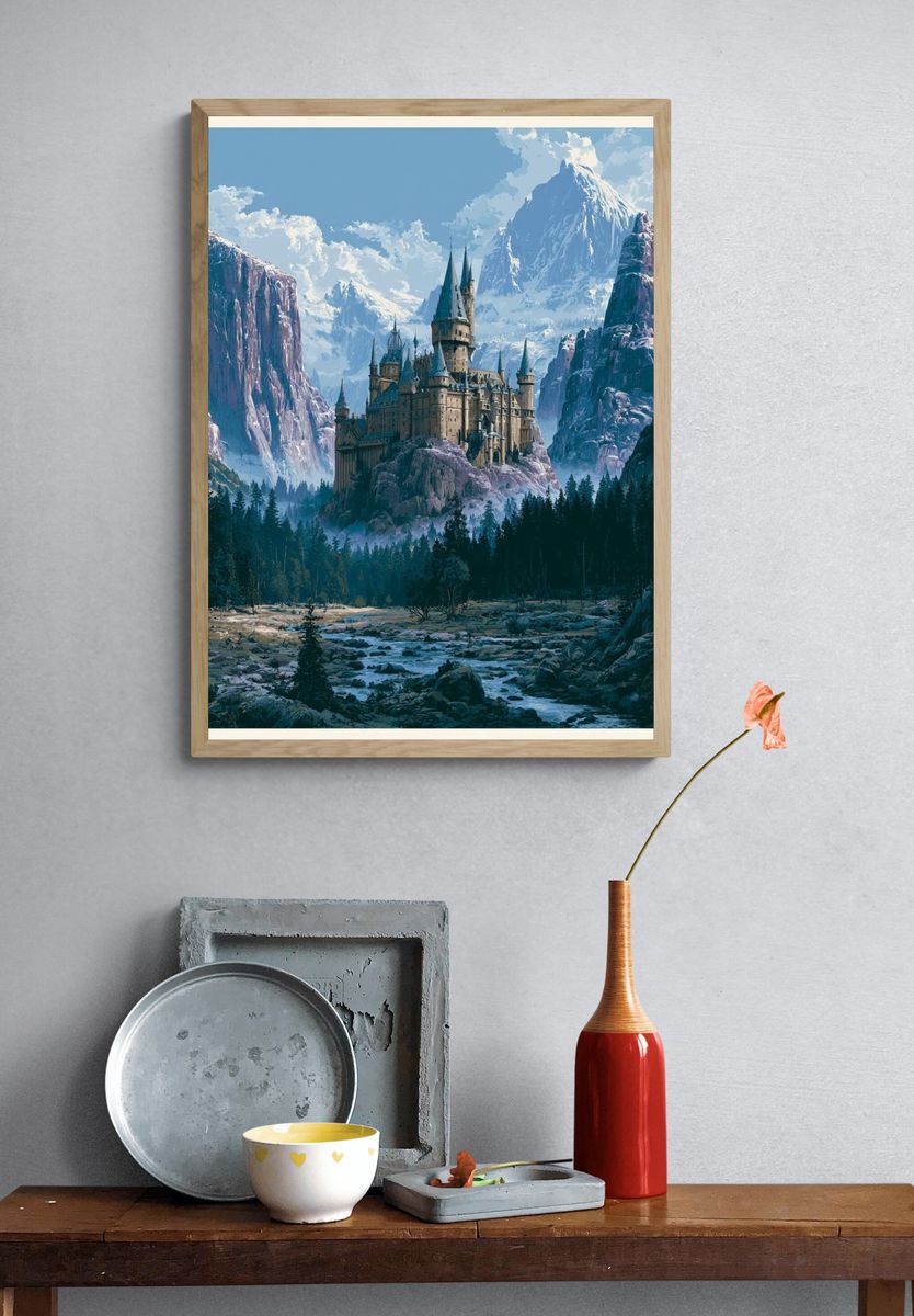 Mountain Castle Fantasy Illustration Poster. — room view 3