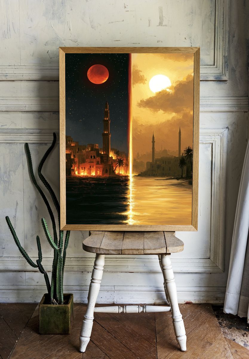 Dual Eclipse Cityscape Illustration Poster. room preview