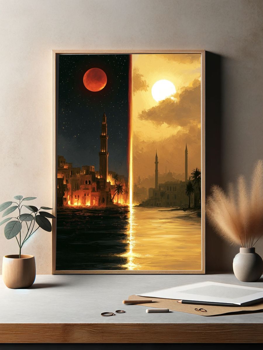 Dual Eclipse Cityscape Illustration Poster. — room view 2
