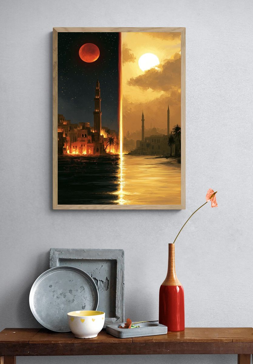Dual Eclipse Cityscape Illustration Poster. — room view 3