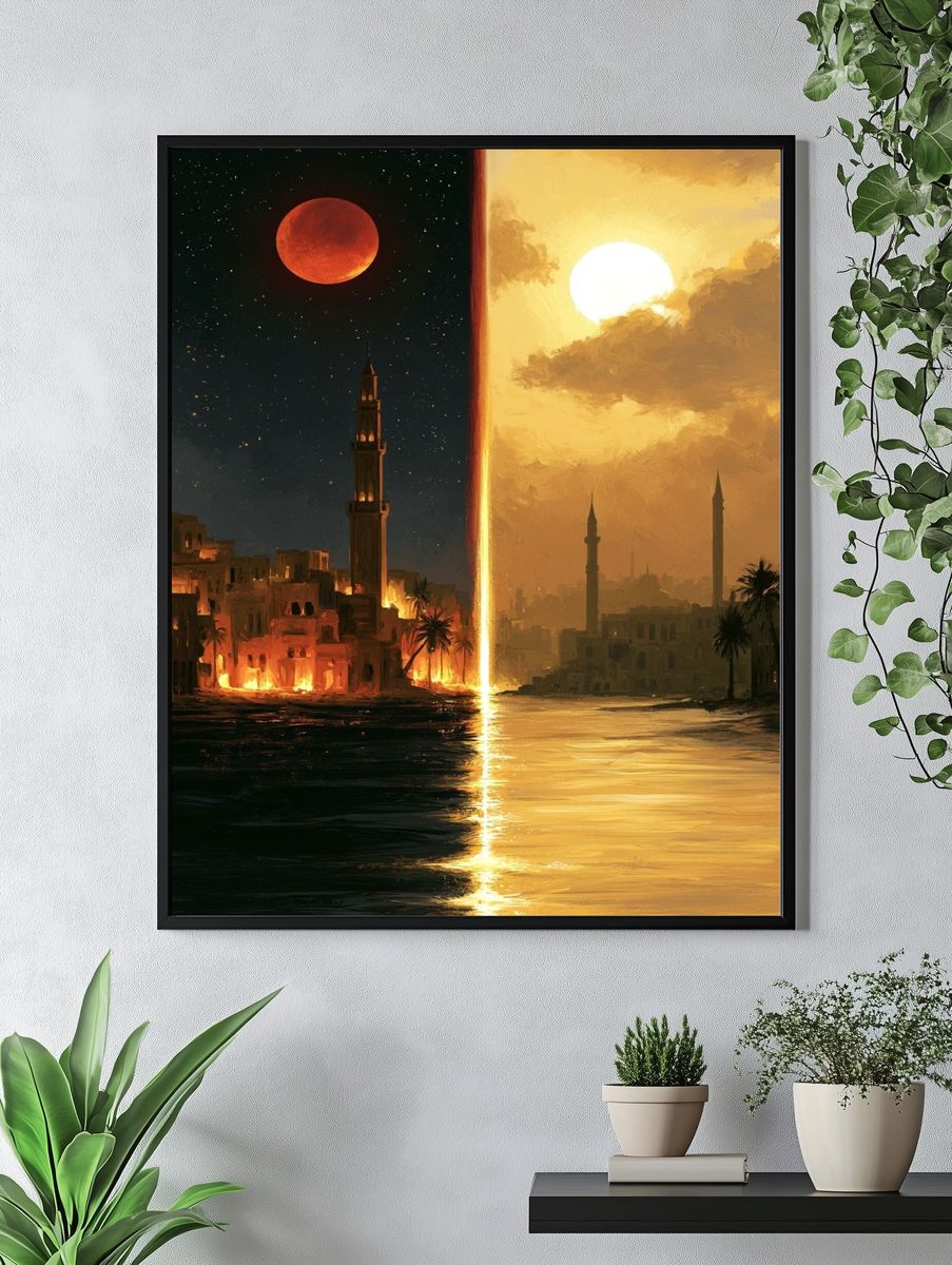 Dual Eclipse Cityscape Illustration Poster. — room view 4
