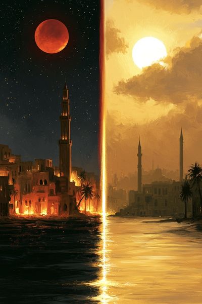 Dual Eclipse Cityscape Illustration Poster.