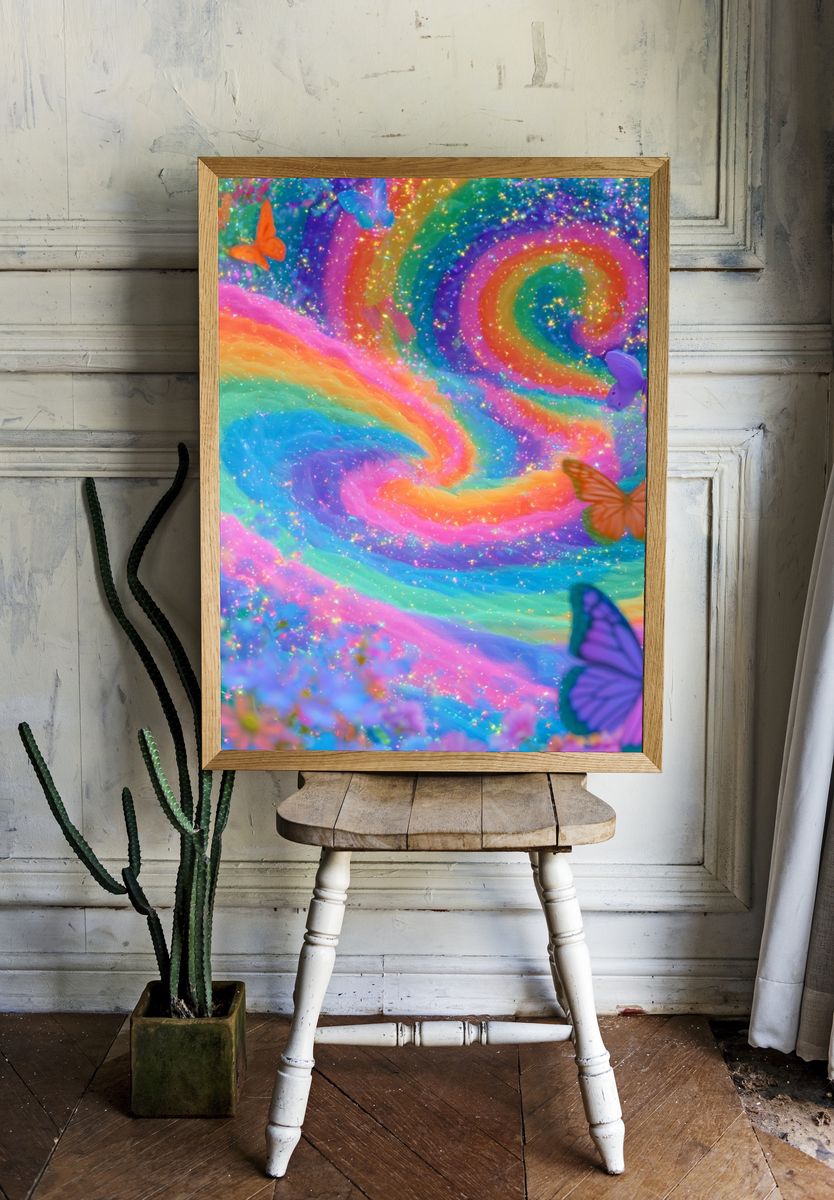 Rainbow Butterfly Swirl Illustration Poster. room preview
