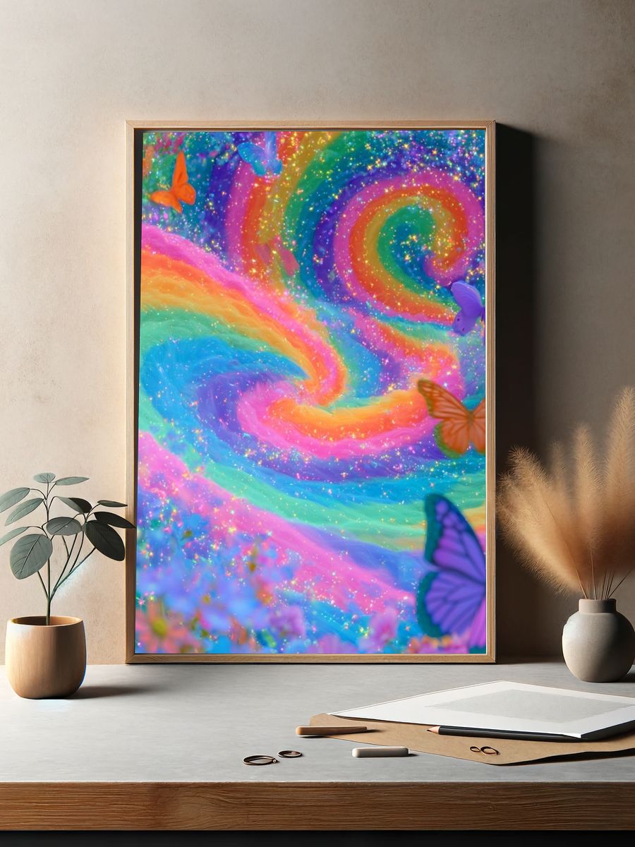 Rainbow Butterfly Swirl Illustration Poster. — room view 2