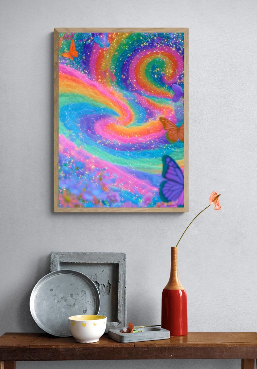 Rainbow Butterfly Swirl Illustration Poster. — room view 3