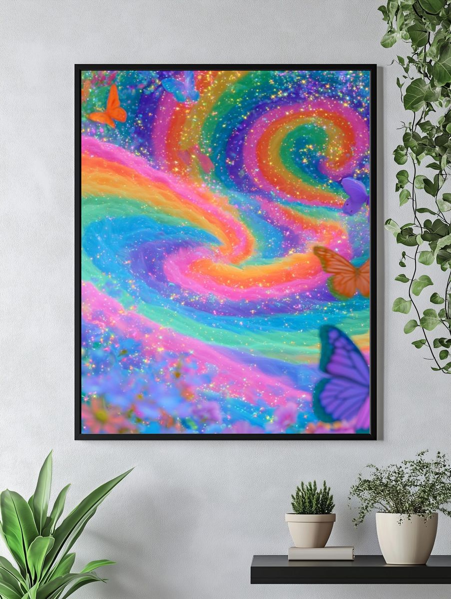 Rainbow Butterfly Swirl Illustration Poster. — room view 4