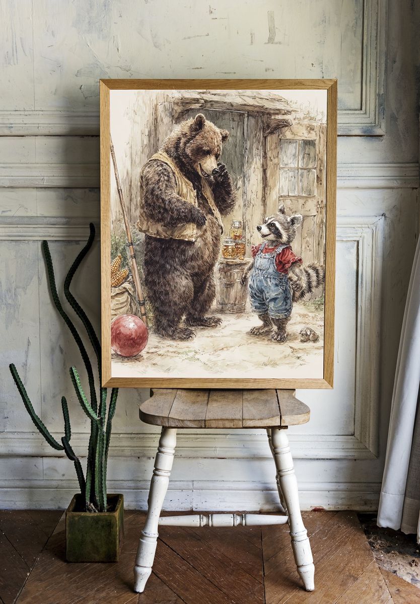 Bear and Raccoon Watercolor Poster. — room view 1