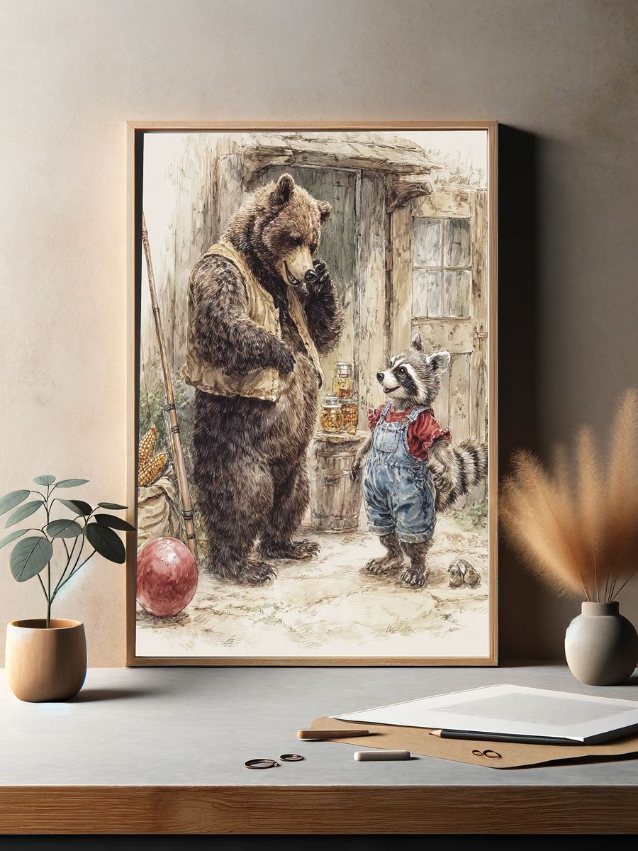 Bear and Raccoon Watercolor Poster. — room view 2