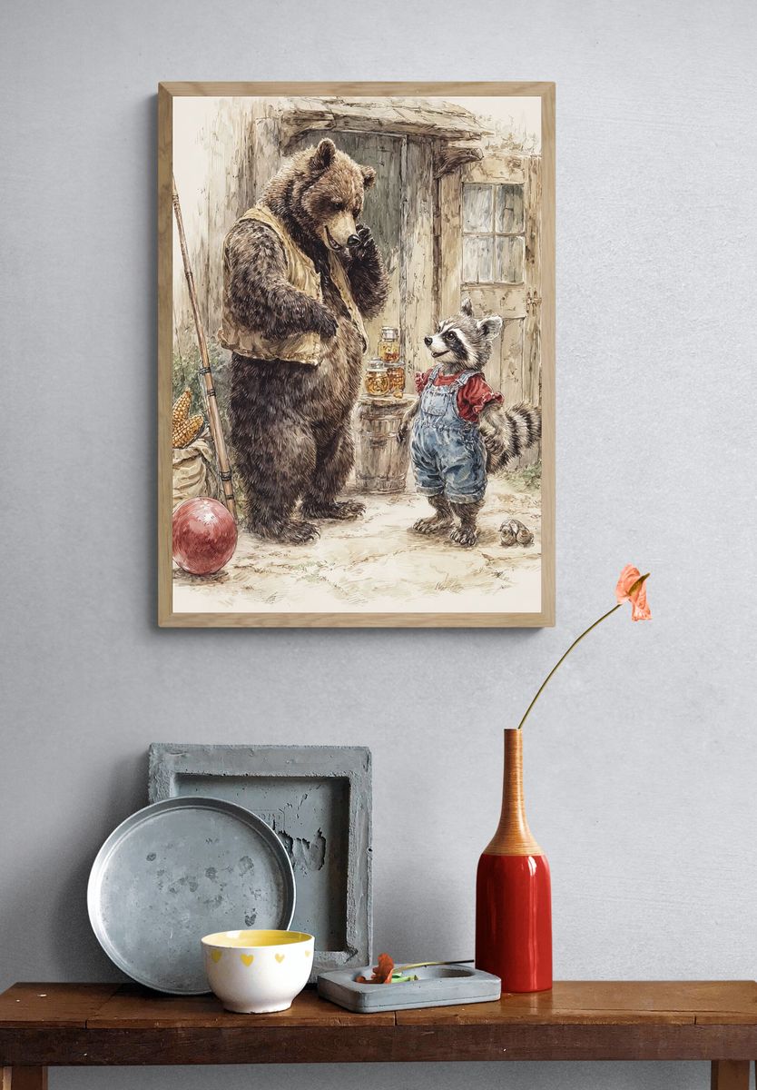 Bear and Raccoon Watercolor Poster. — room view 3