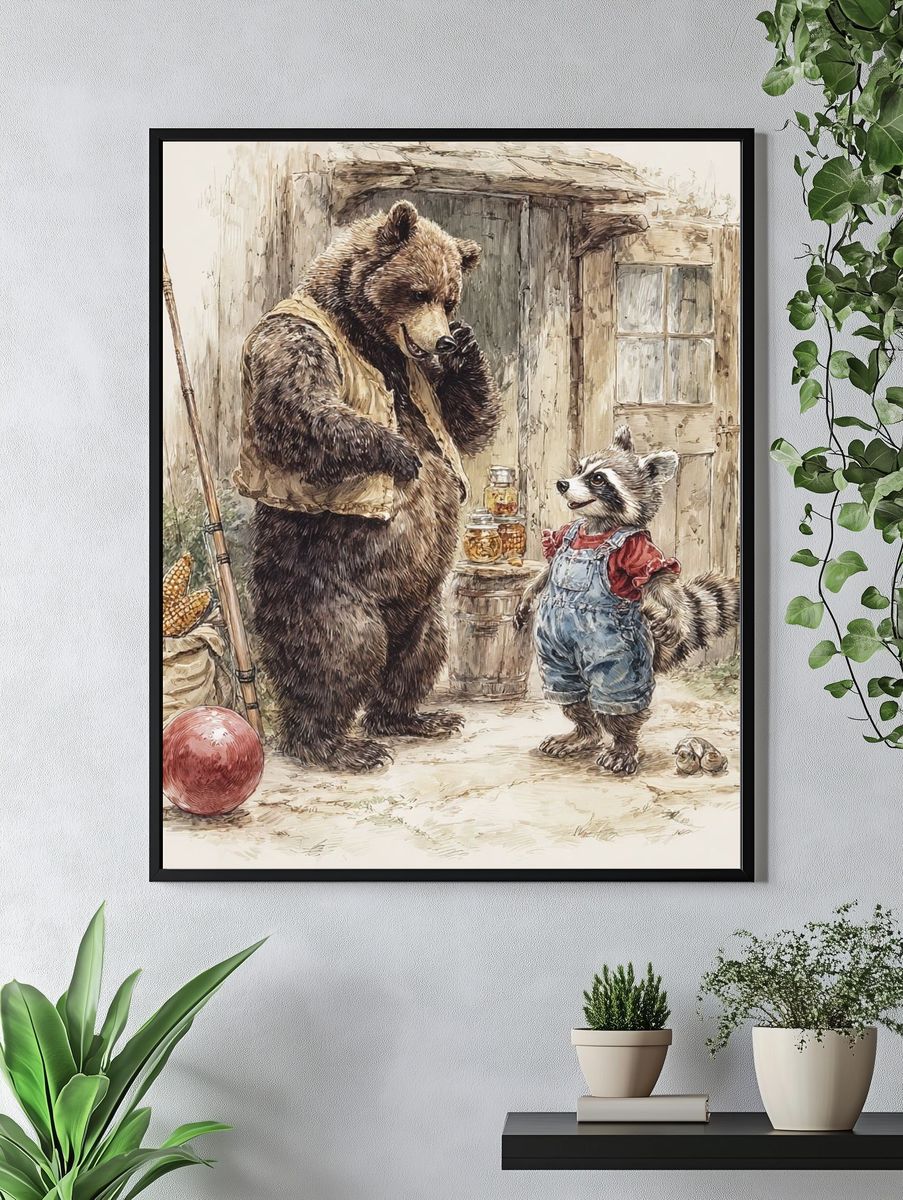 Bear and Raccoon Watercolor Poster. — room view 4