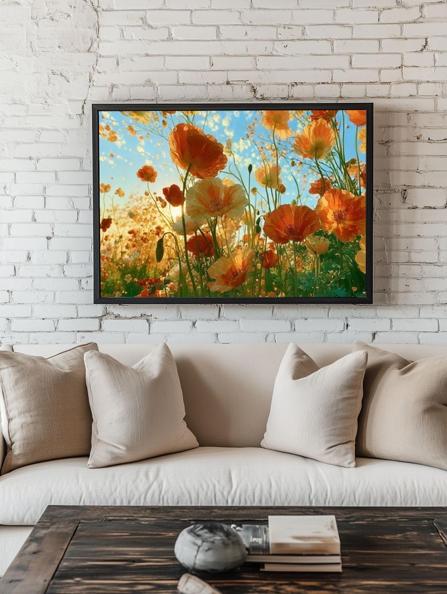 Orange Poppy Meadow Illustration Poster. — room view 1