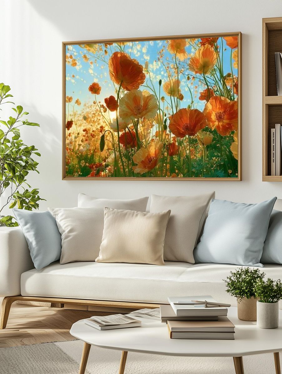 Orange Poppy Meadow Illustration Poster. — room view 2