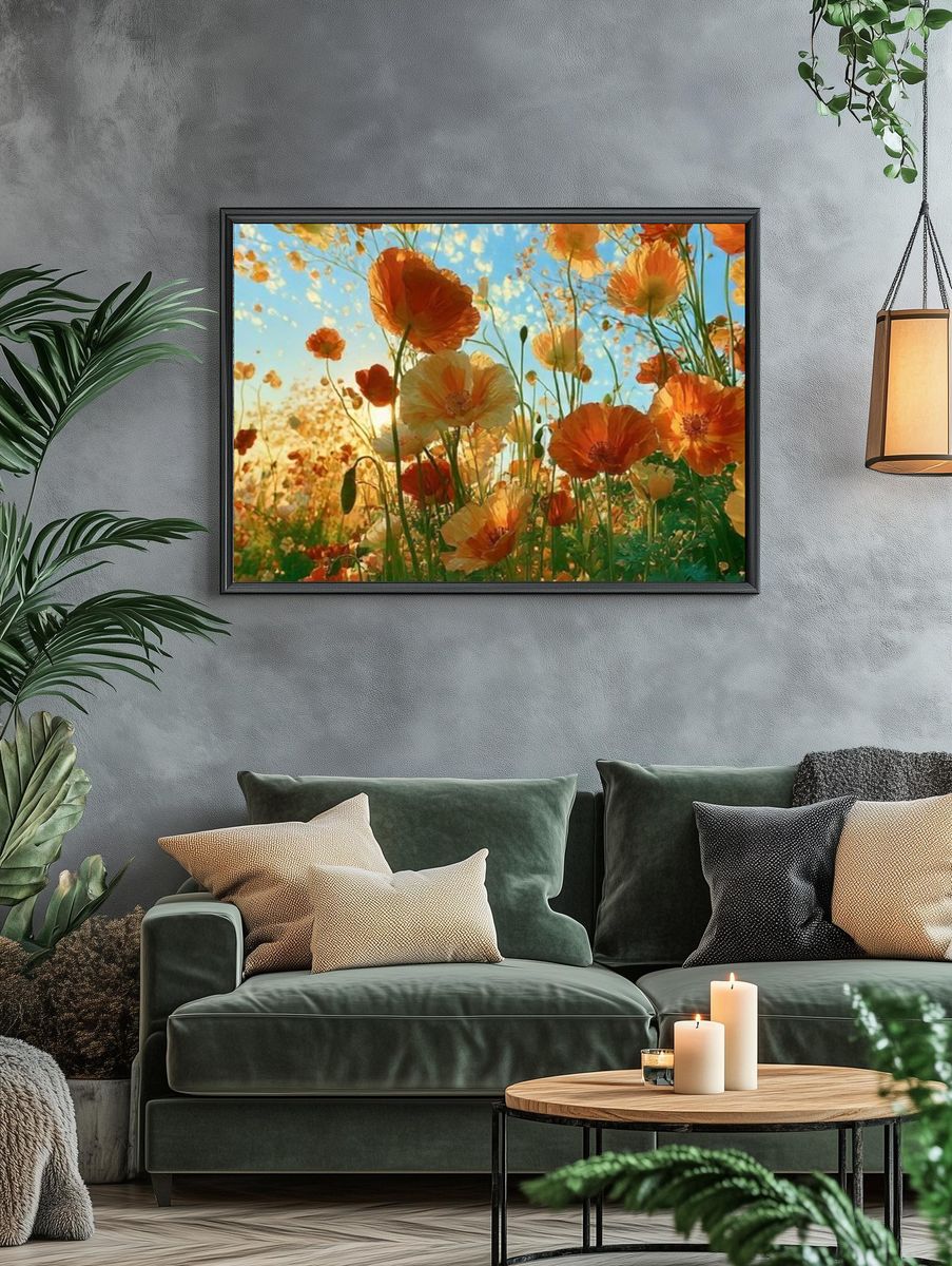 Orange Poppy Meadow Illustration Poster. — room view 4