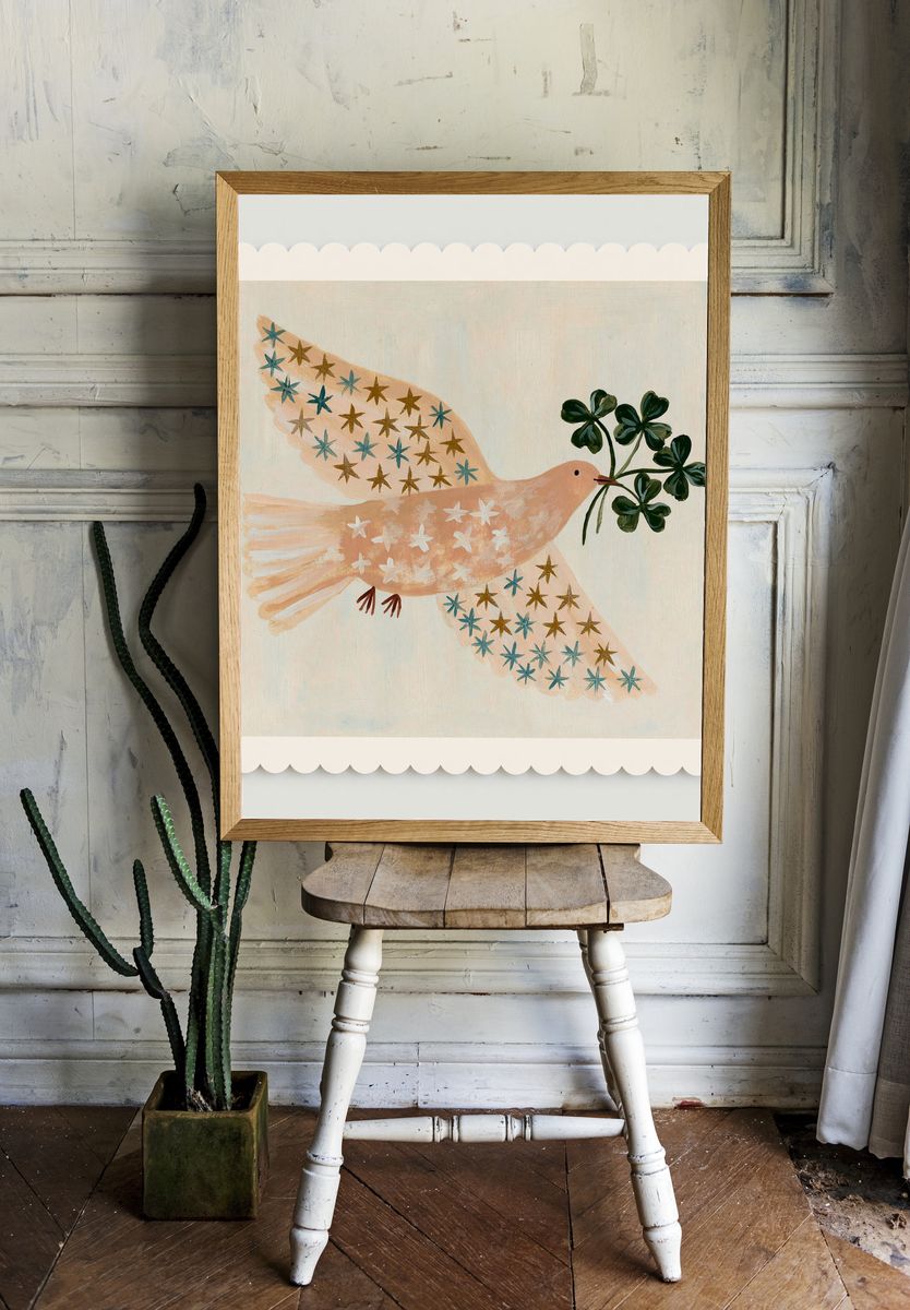 Folk Bird with Clover Branch Print. — room view 1