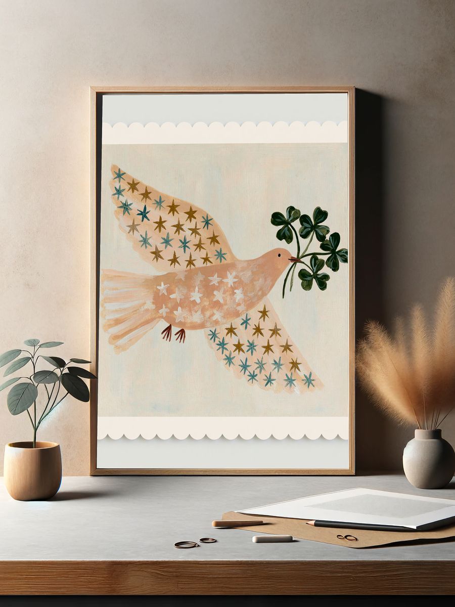 Folk Bird with Clover Branch Print. — room view 2