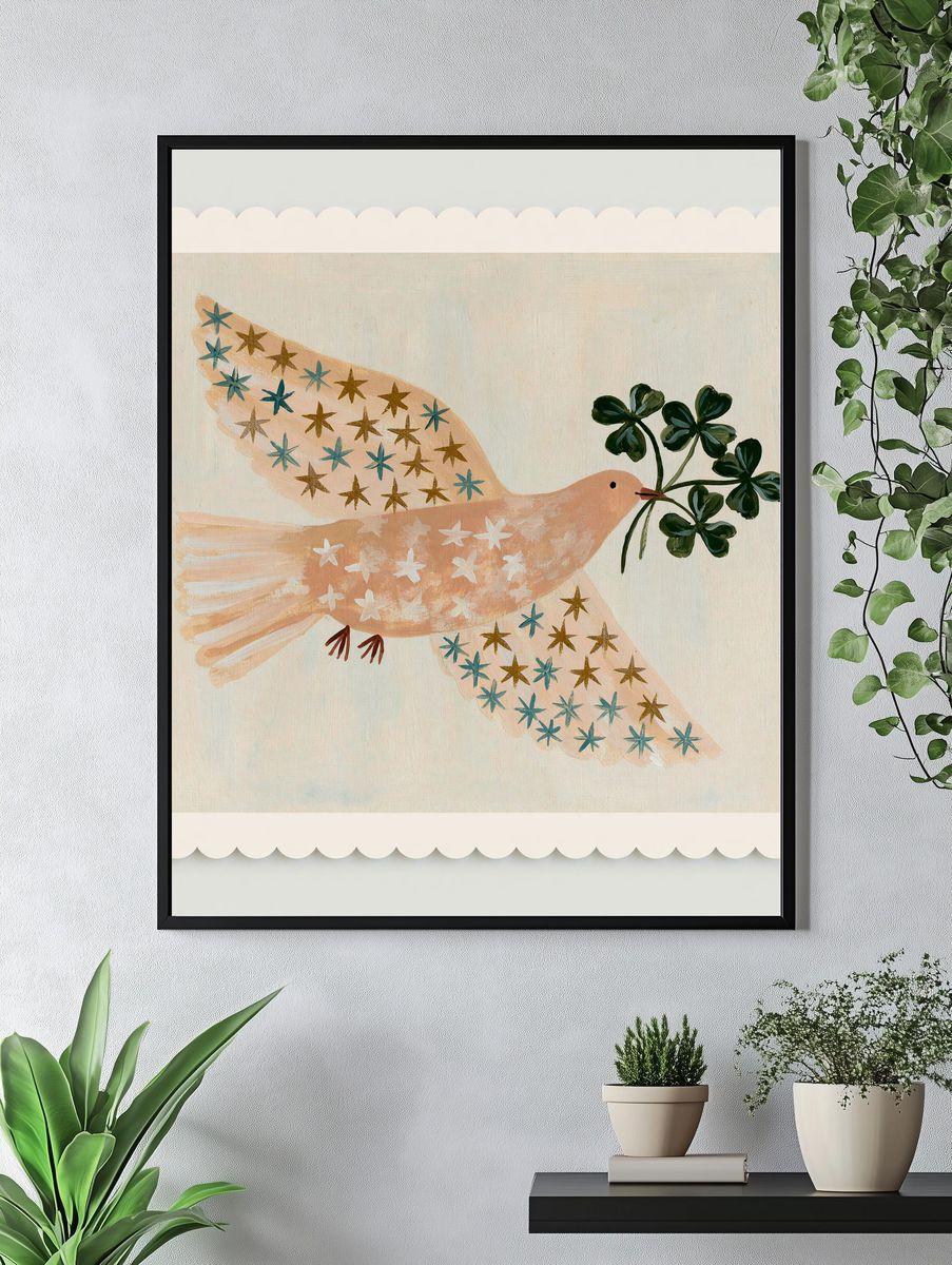 Folk Bird with Clover Branch Print. — room view 4