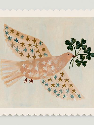 Folk Bird with Clover Branch Print. poster
