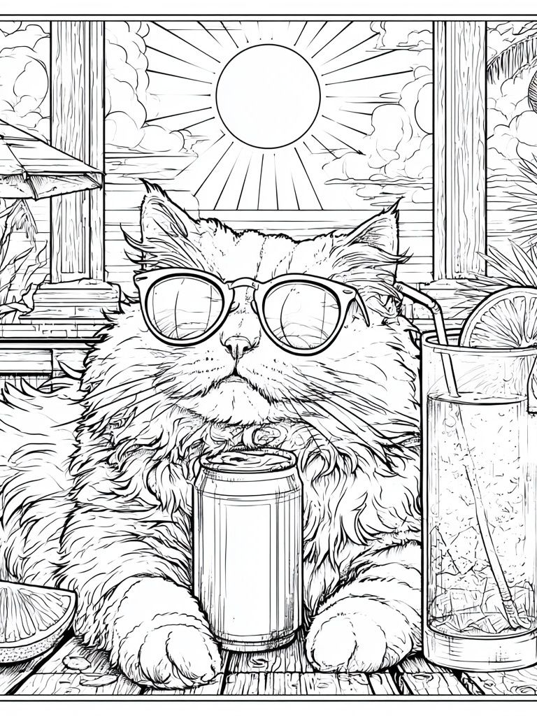 Sunset Cat Cocktail Line Art Poster. poster detail