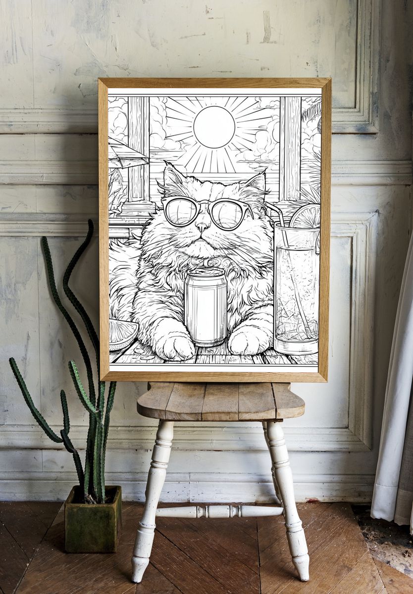 Sunset Cat Cocktail Line Art Poster. room preview