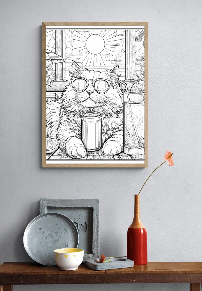 Sunset Cat Cocktail Line Art Poster. — room view 3
