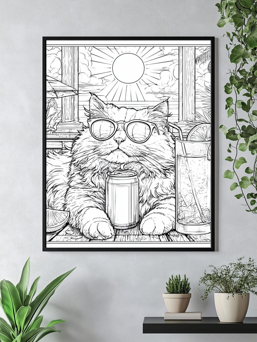 Sunset Cat Cocktail Line Art Poster. — room view 4