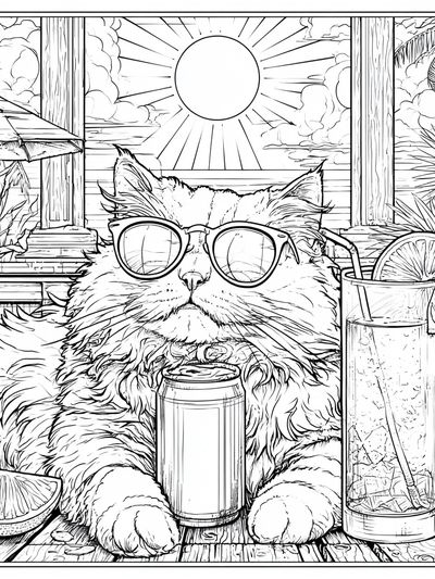 Sunset Cat Cocktail Line Art Poster.