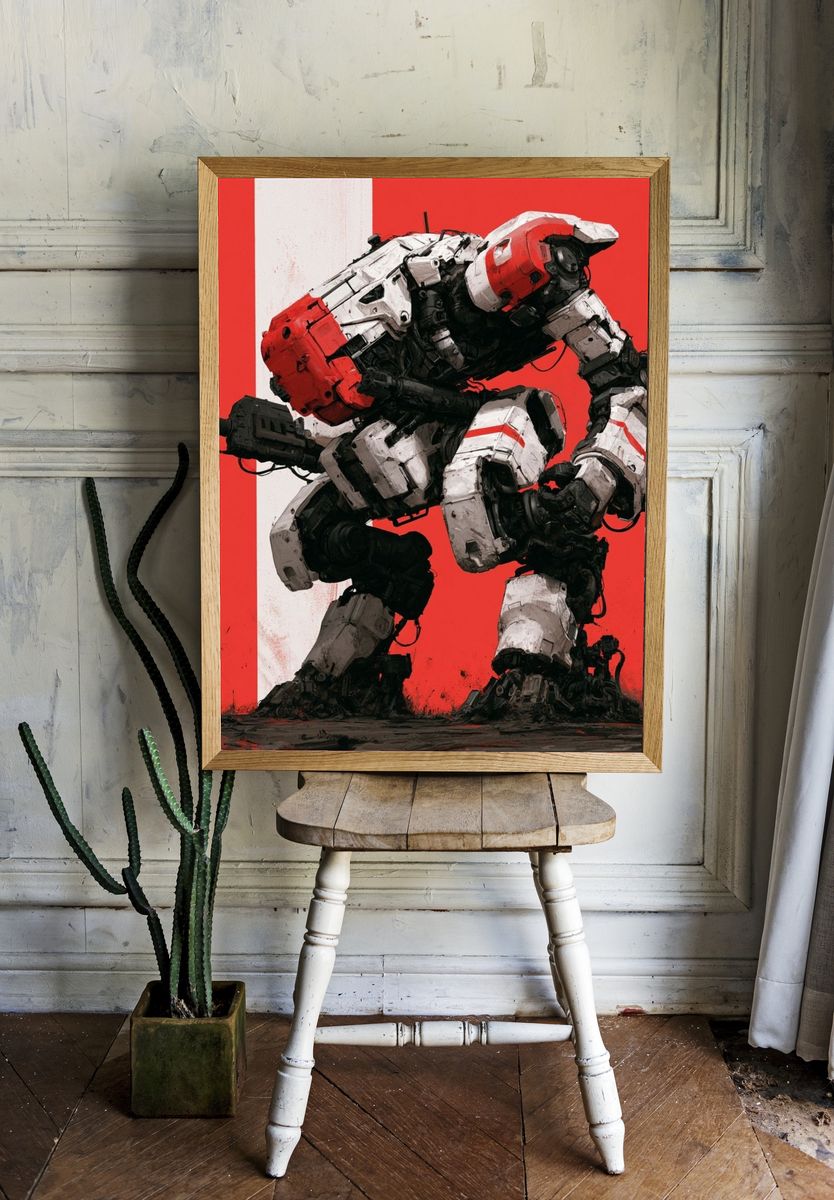 Red Mech Warrior Illustration Poster. room preview