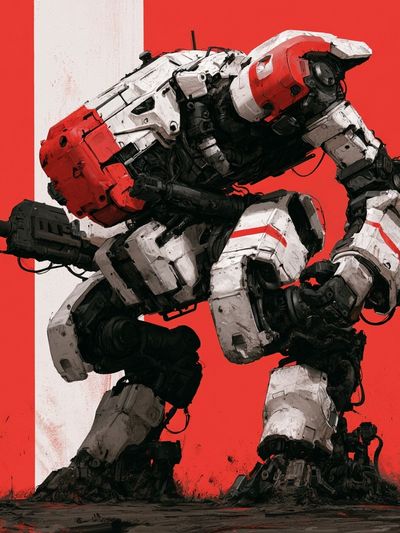 Red Mech Warrior Illustration Poster.