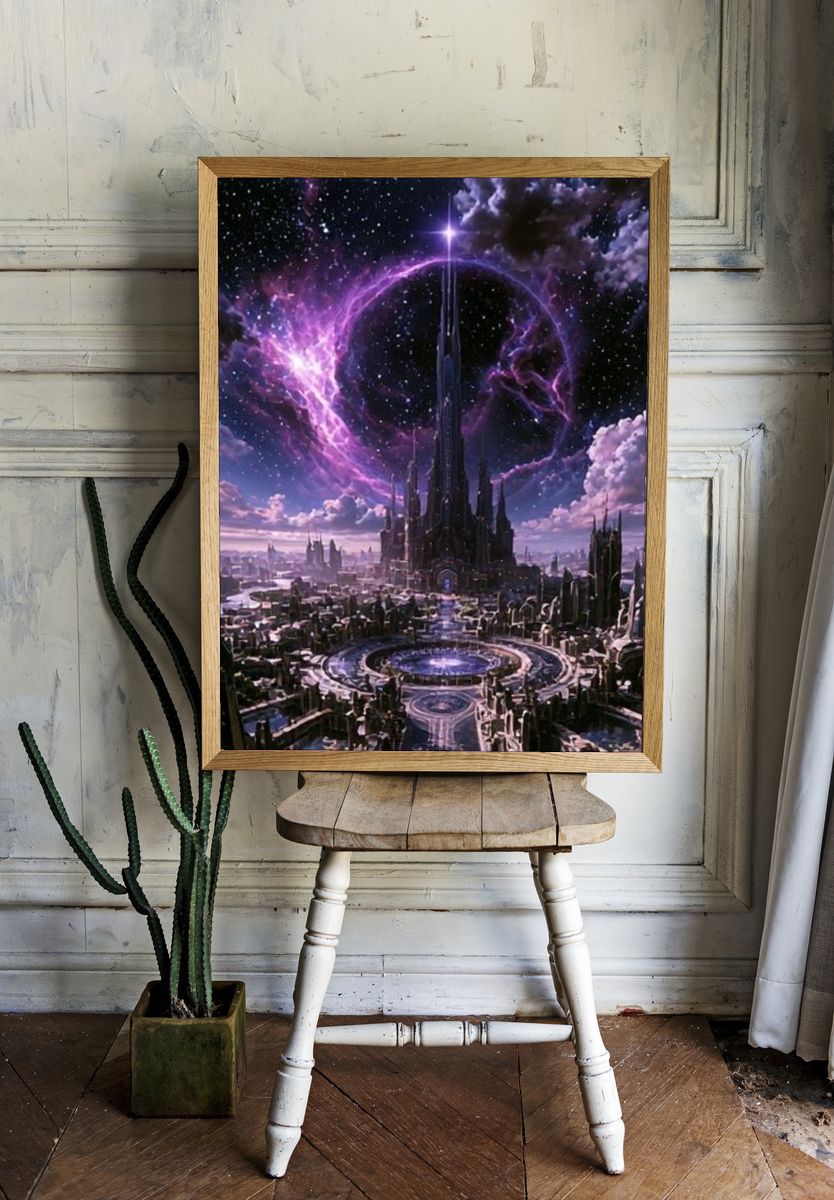 Cosmic Fantasy Cityscape Poster. room preview