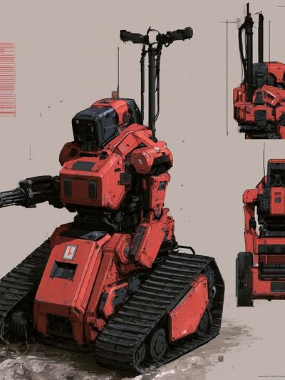 Red Combat Mech Illustration Poster.