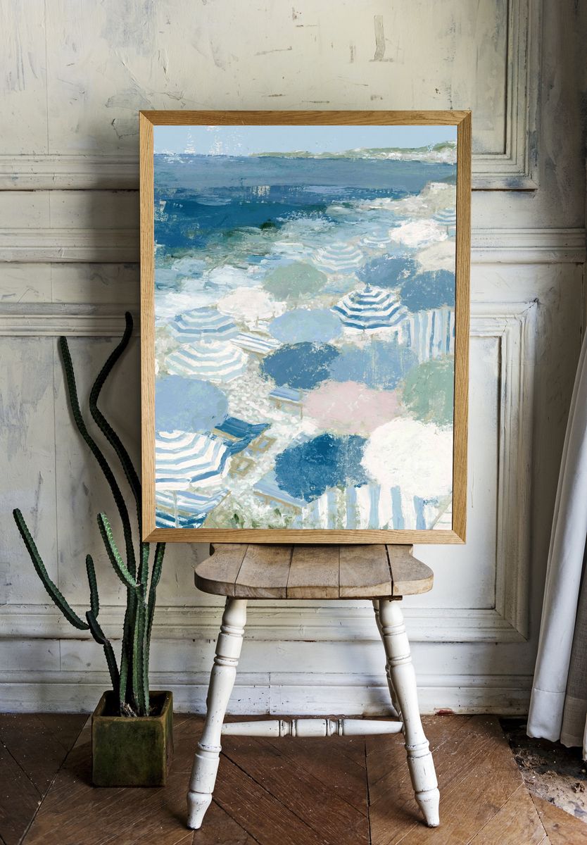 Seaside Umbrellas Watercolor Poster. room preview