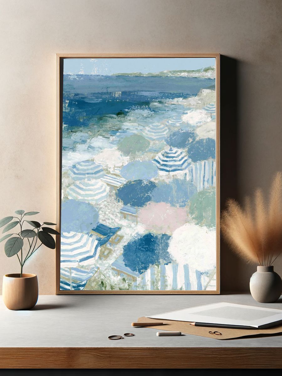 Seaside Umbrellas Watercolor Poster. — room view 2