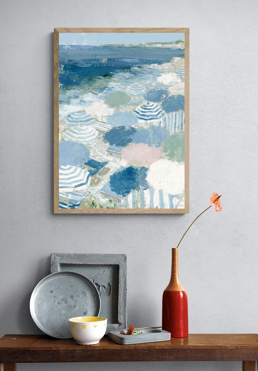 Seaside Umbrellas Watercolor Poster. — room view 3