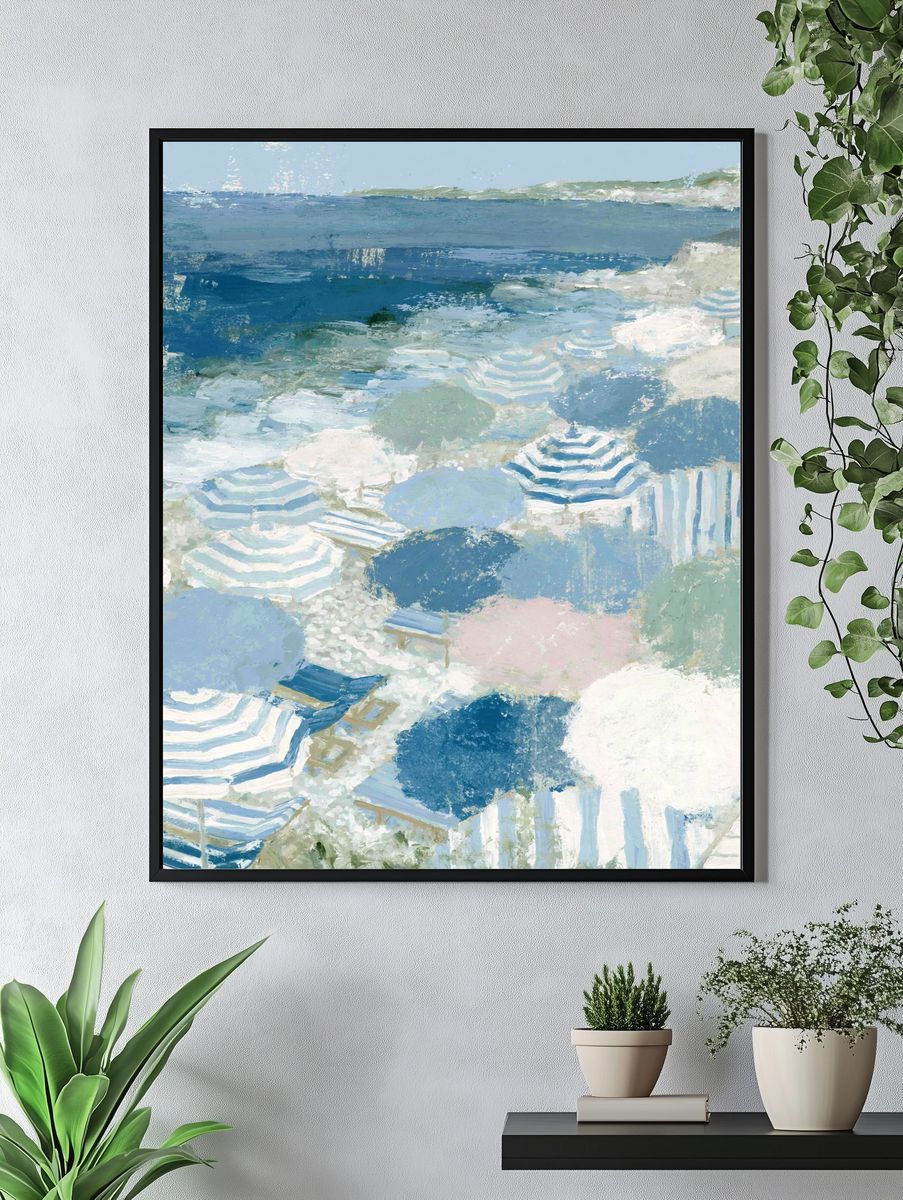 Seaside Umbrellas Watercolor Poster. — room view 4