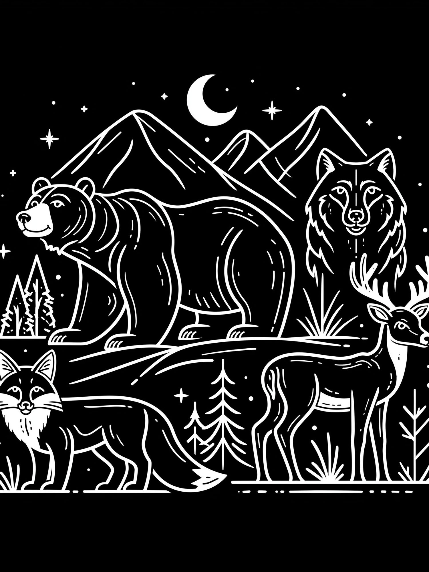 Forest Animals Night Line Art Poster. poster — illustration art
