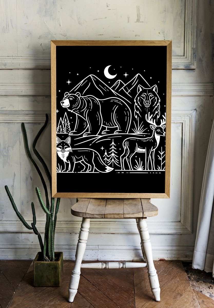 Forest Animals Night Line Art Poster. room preview