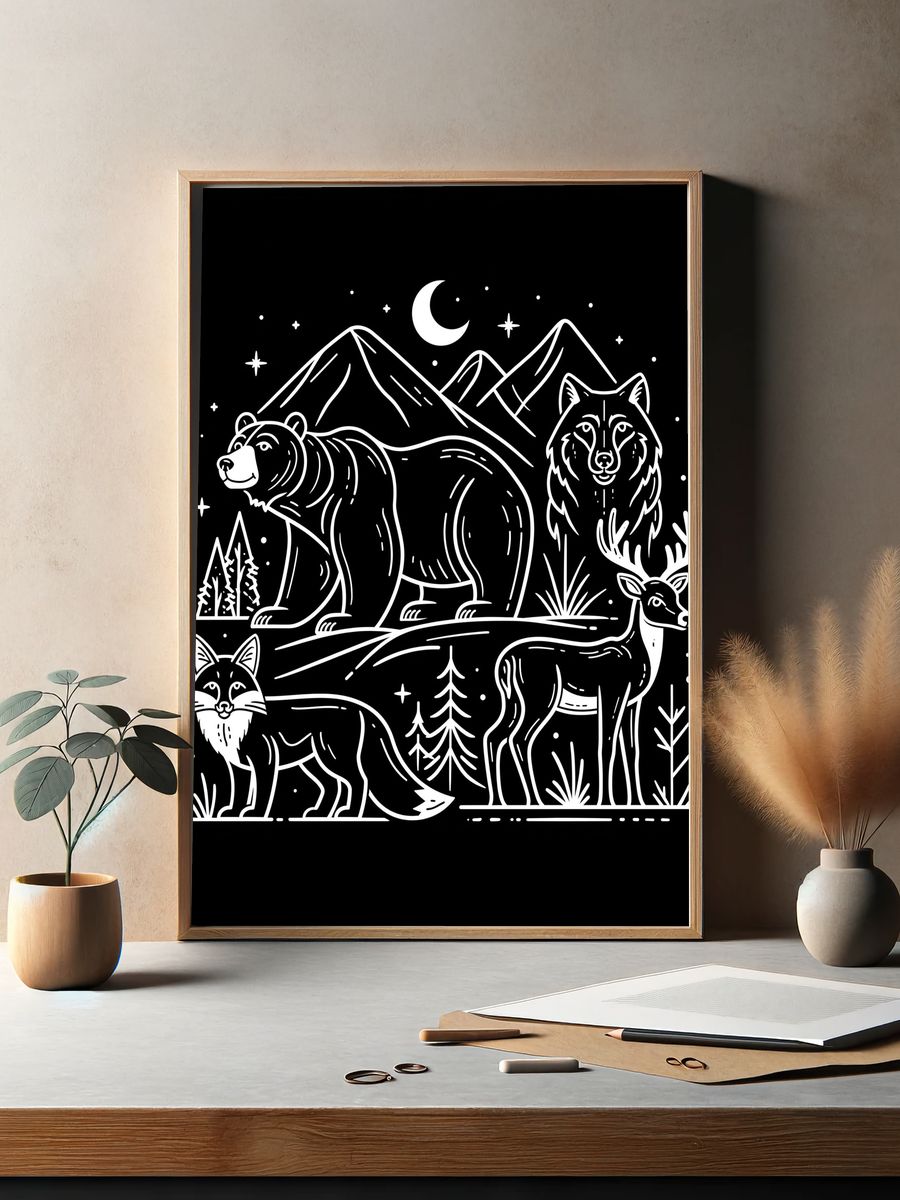 Forest Animals Night Line Art Poster. — room view 2