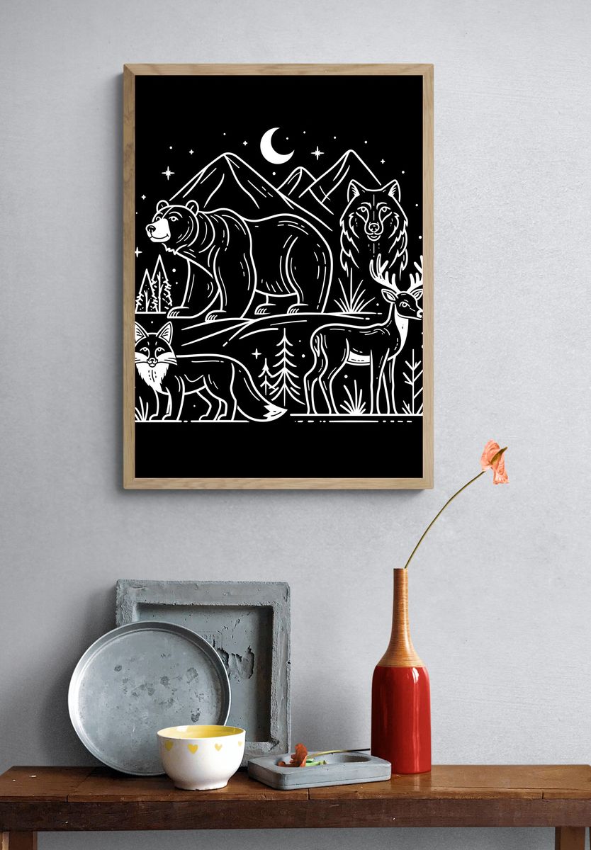 Forest Animals Night Line Art Poster. — room view 3