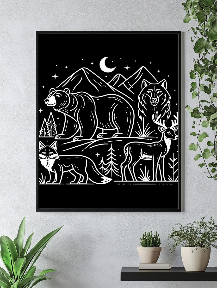 Forest Animals Night Line Art Poster. — room view 4