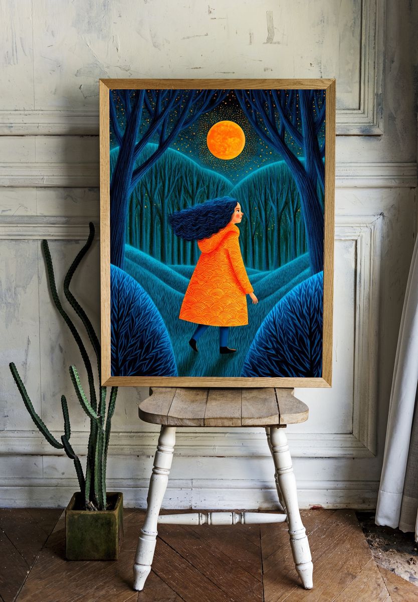 Moonlit Forest Girl Illustration Poster. — room view 1