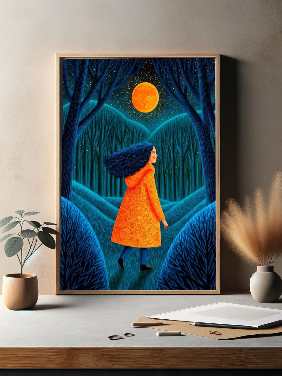 Moonlit Forest Girl Illustration Poster. — room view 2