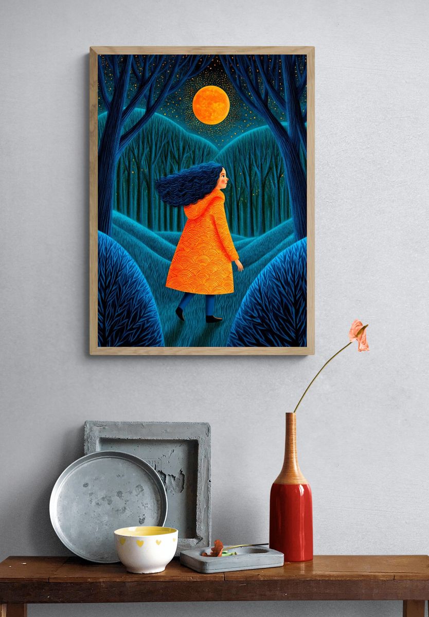 Moonlit Forest Girl Illustration Poster. — room view 3