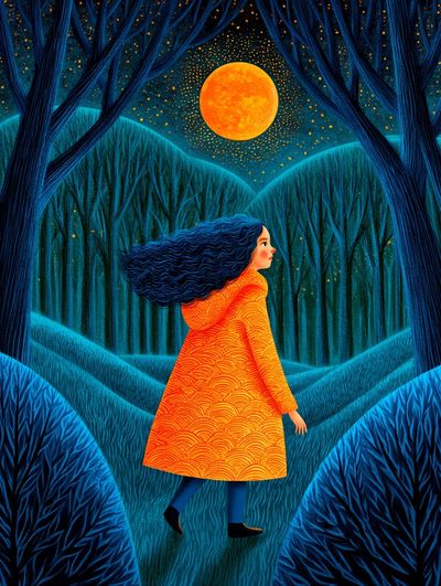 Moonlit Forest Girl Illustration Poster.