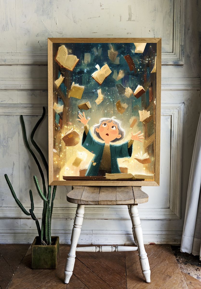 Floating Books Illustration Poster. — room view 1