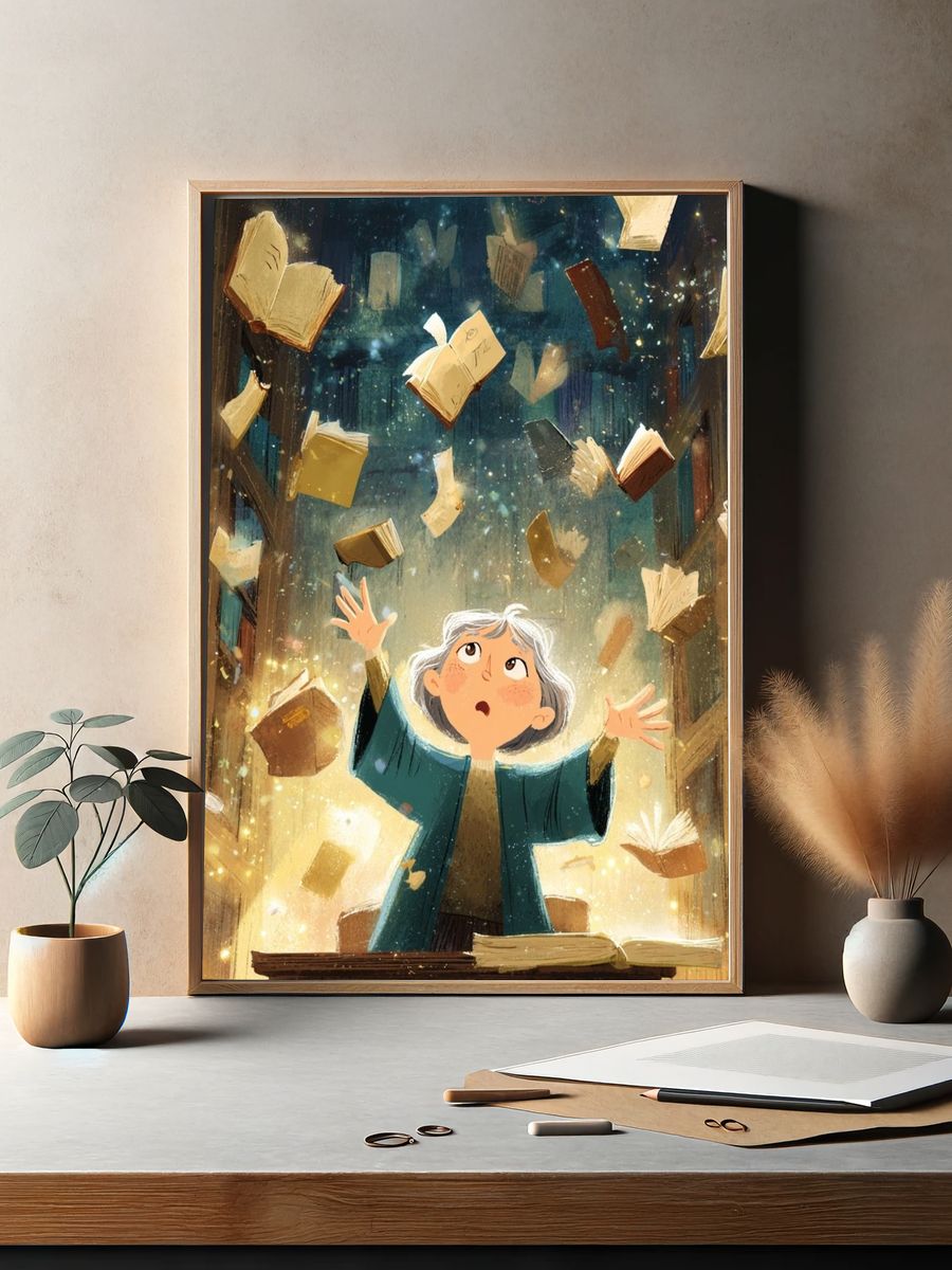 Floating Books Illustration Poster. — room view 2
