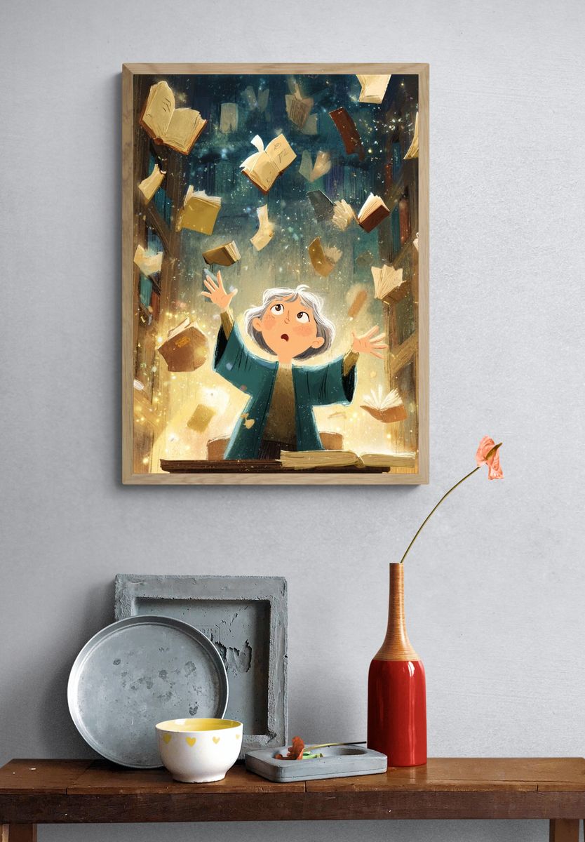 Floating Books Illustration Poster. — room view 3