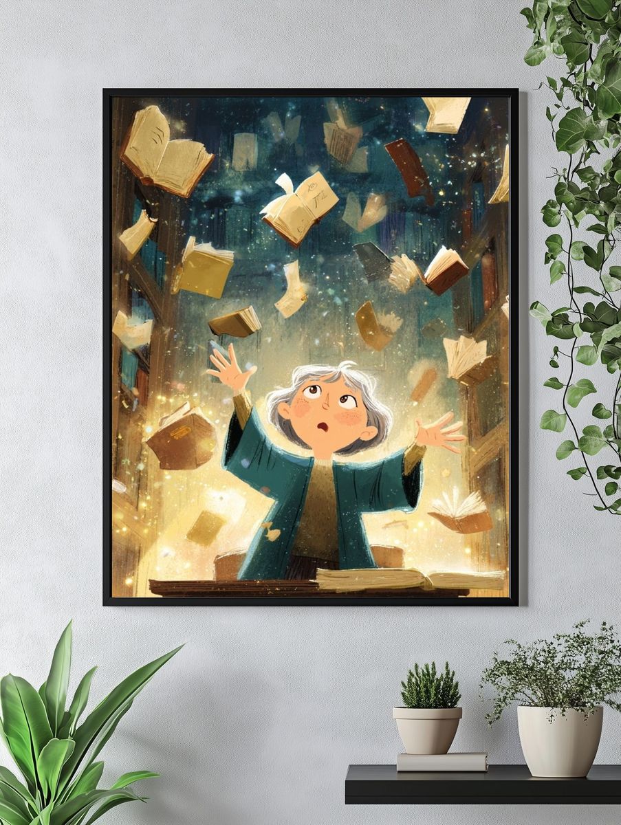 Floating Books Illustration Poster. — room view 4