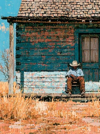 Desert Porch Cowboy Illustration Print.